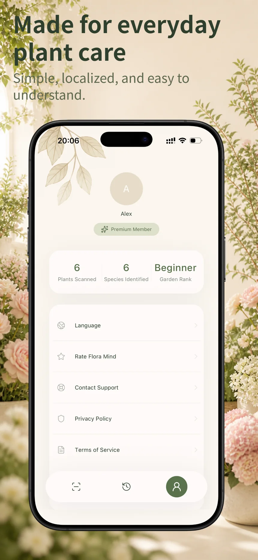 Flora Mind profile screen with language settings and basic plant stats
