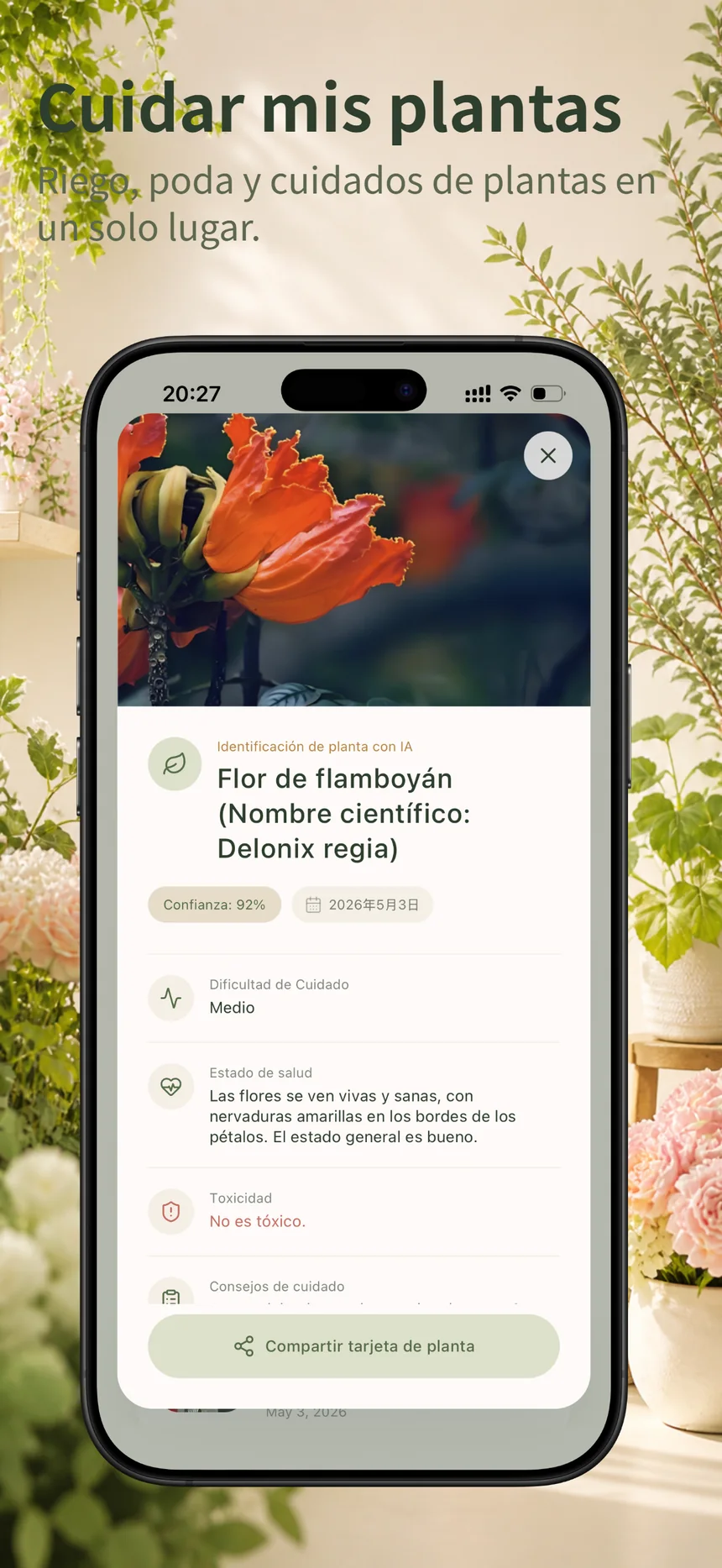 Pantalla de historial de Flora Mind para volver a identificaciones recientes