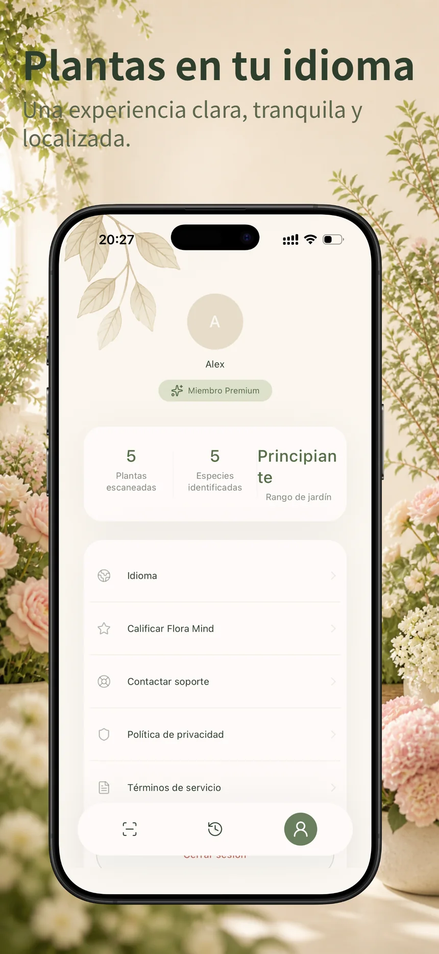 Pantalla de perfil de Flora Mind con idioma y estadísticas de plantas