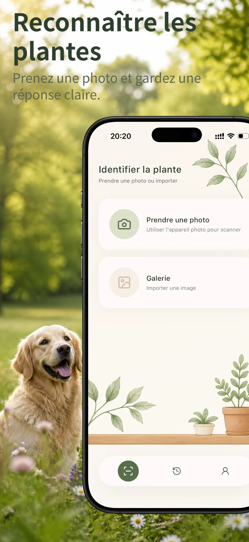 Écran d’accueil Flora Mind avec les entrées photo et galerie