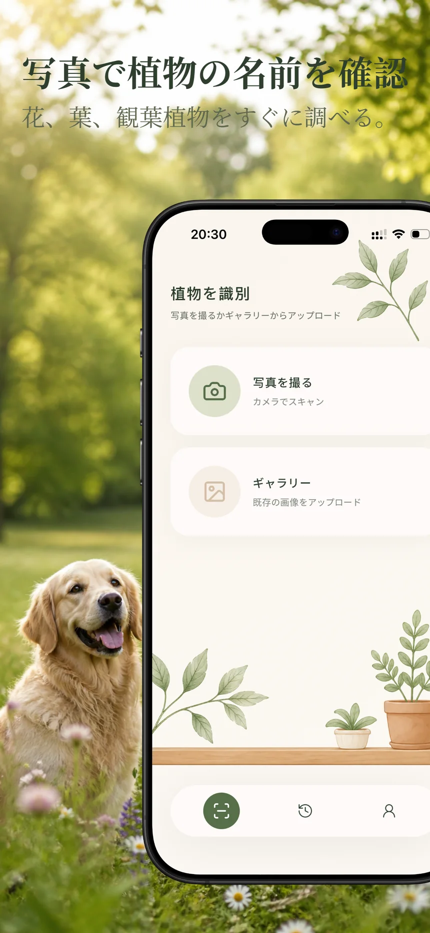 Flora Mind のホーム画面 - 写真撮影とギャラリーからの識別入口