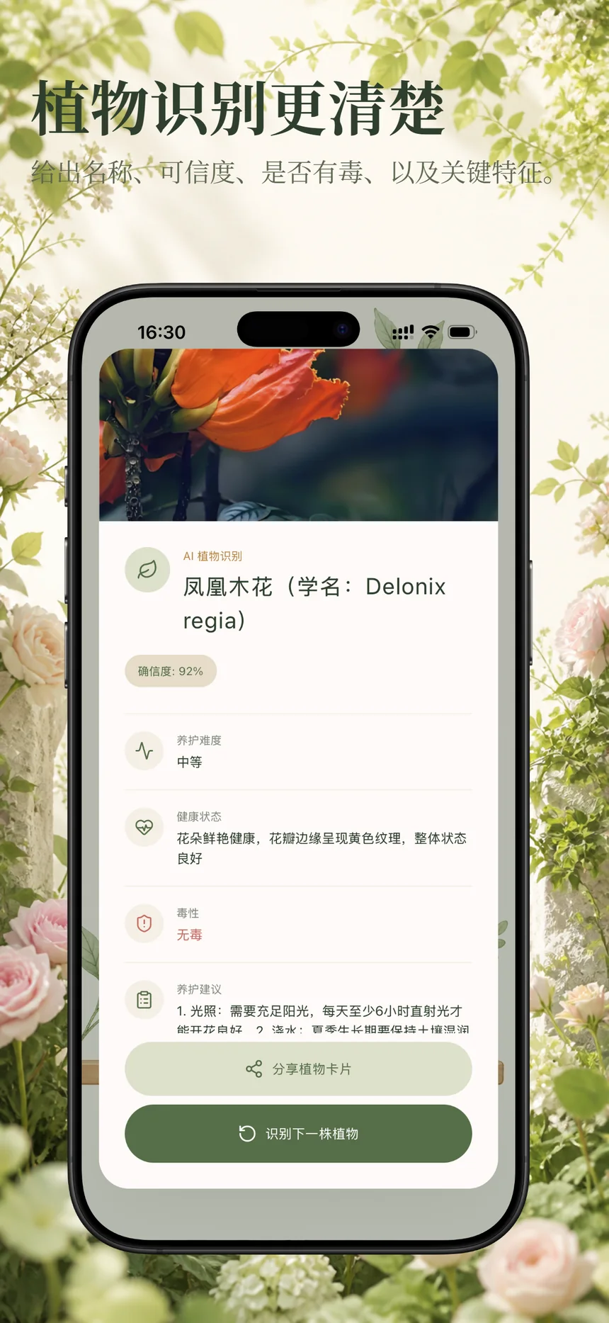 Flora Mind AI 植物识别结果展示名称和可信度