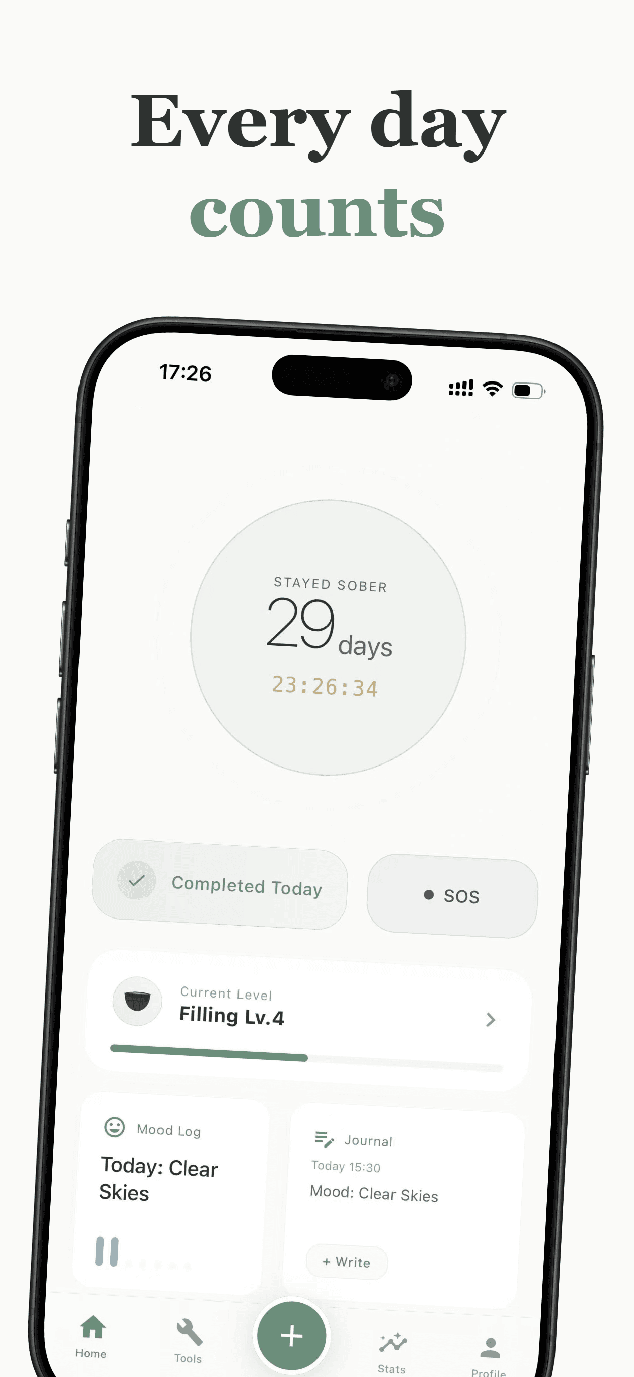 Reclaim home screen showing daily check-in and current streak count