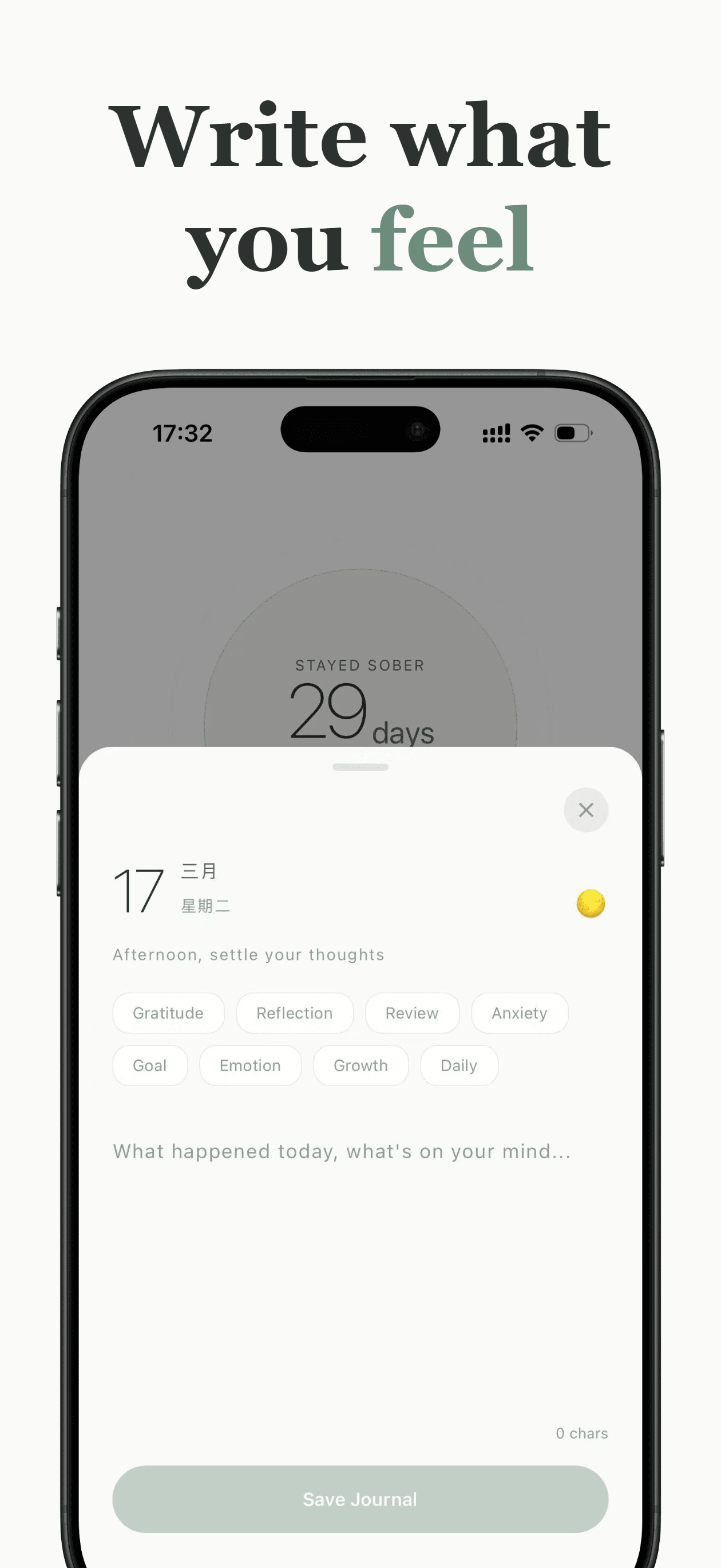 Journal entry screen with tags and cloud sync indicator