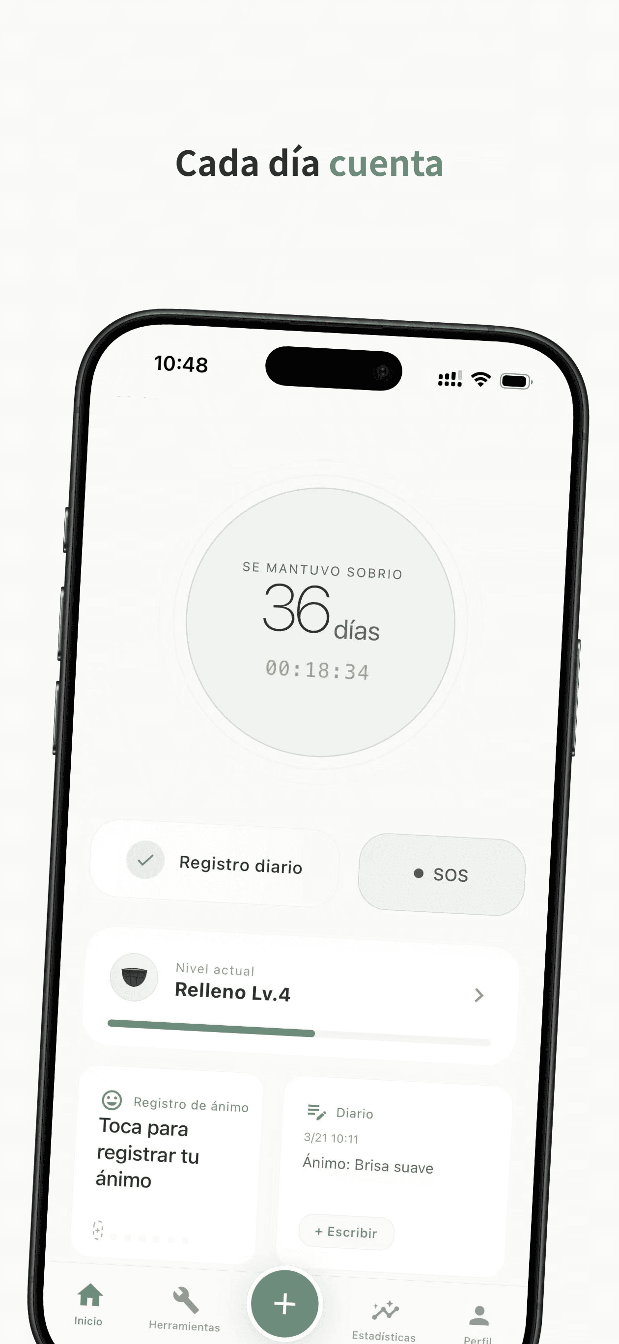 Pantalla principal de Reclaim mostrando el check-in diario y el conteo de rachas