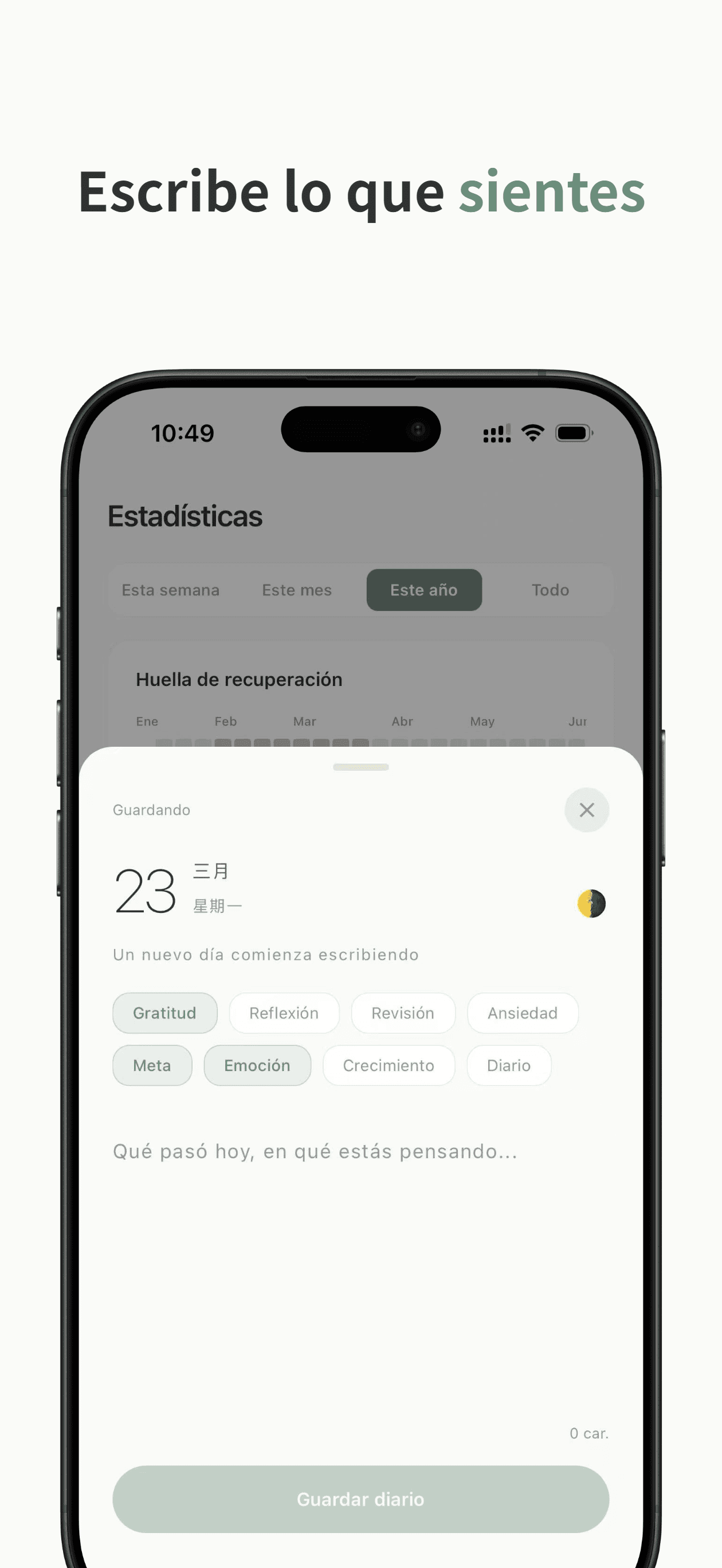 Pantalla de diario con etiquetas e indicador de sincronización en la nube