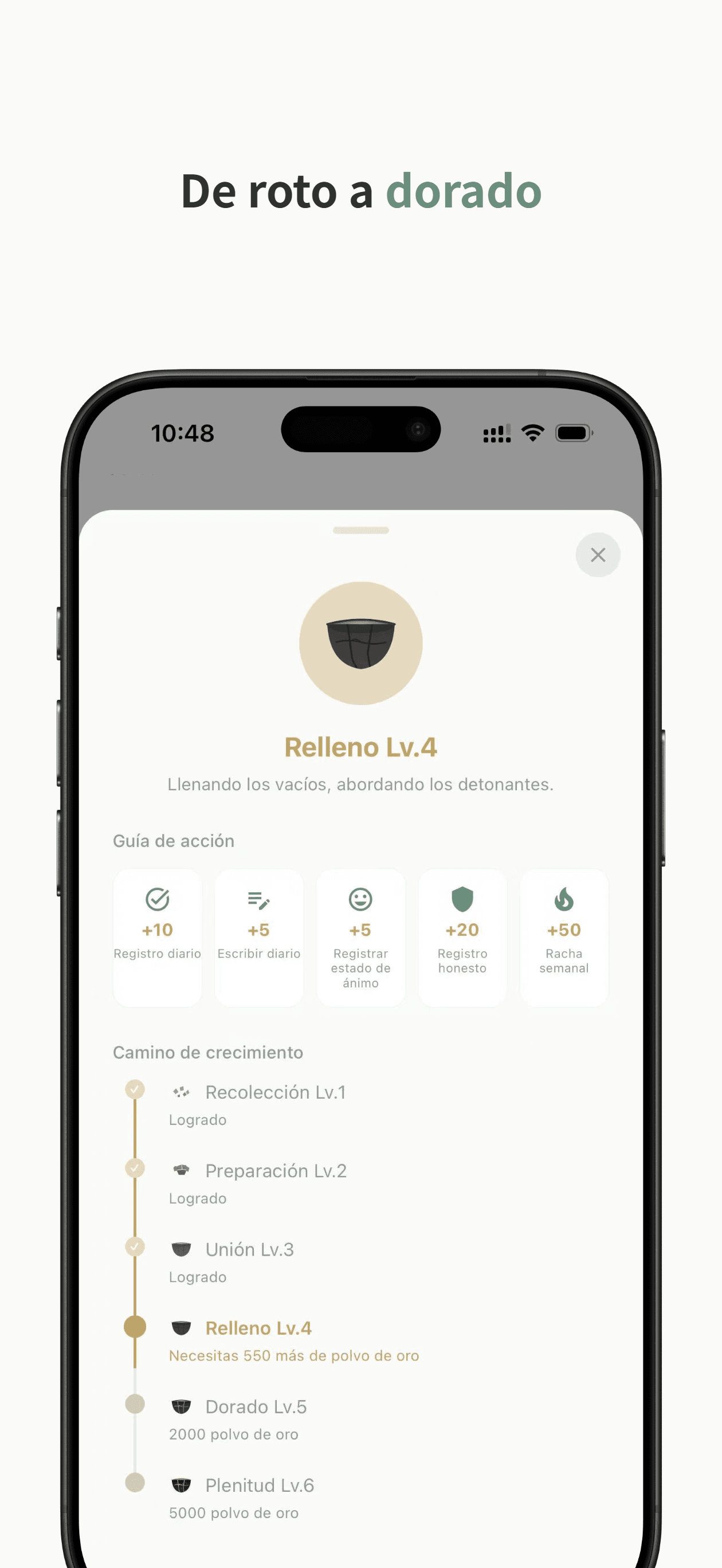 Pantalla de configuración mostrando 5 opciones de idioma y exportación de datos CSV