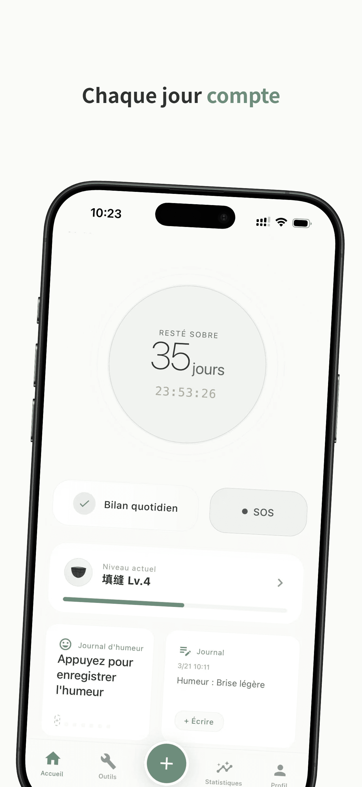 Écran d'accueil Reclaim affichant le check-in quotidien et le compteur de séries