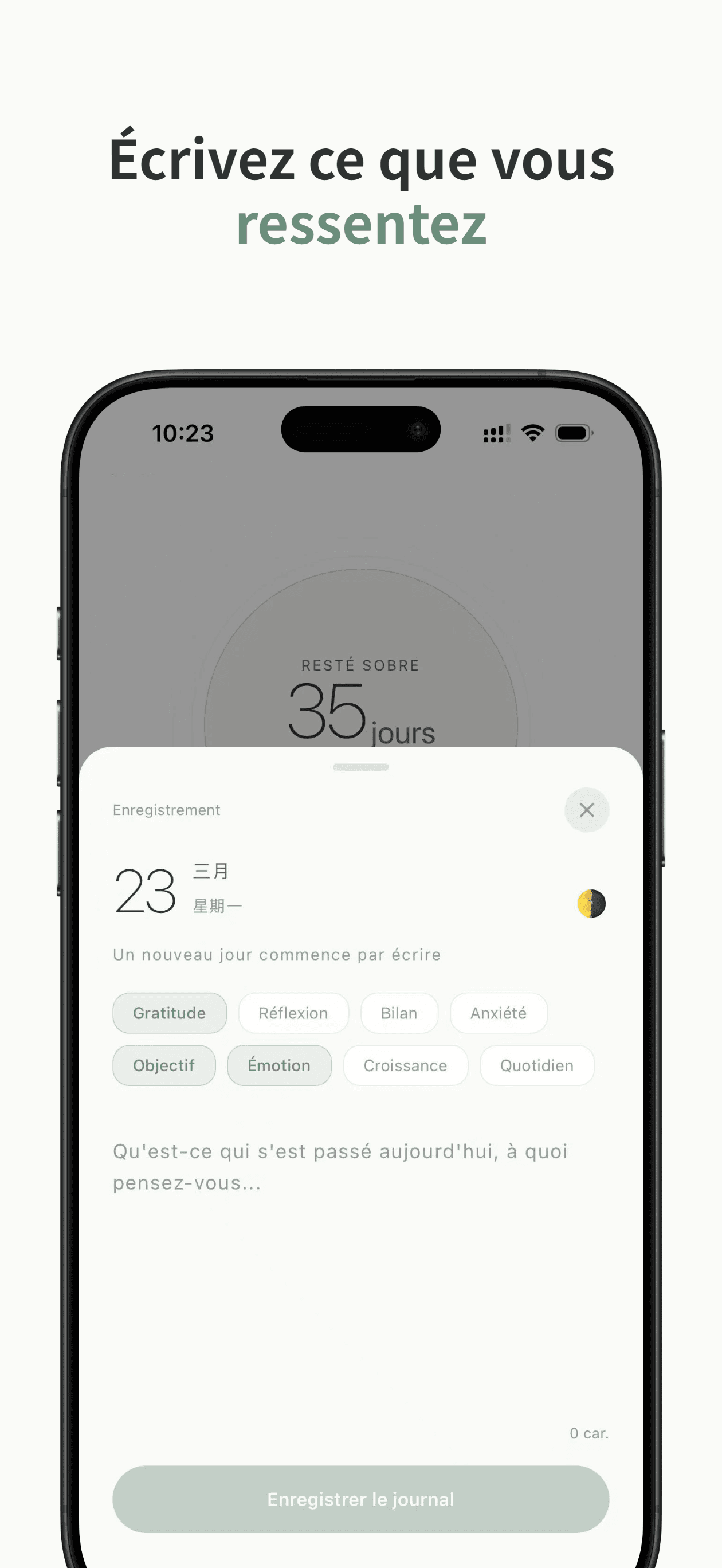 Écran de journal avec tags et indicateur de synchronisation cloud