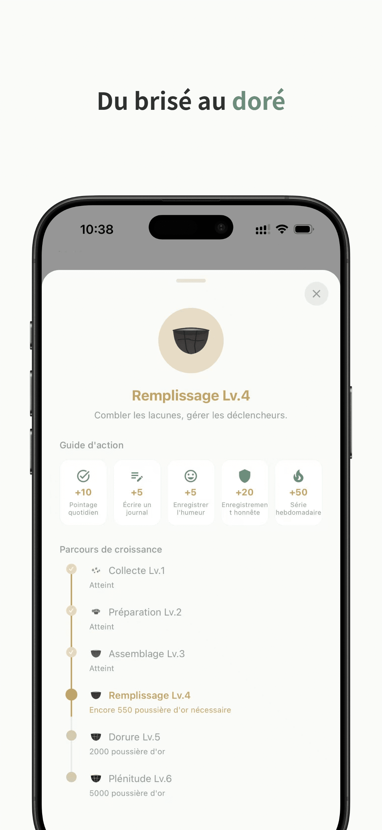 Écran de paramètres affichant 5 options de langue et export de données CSV