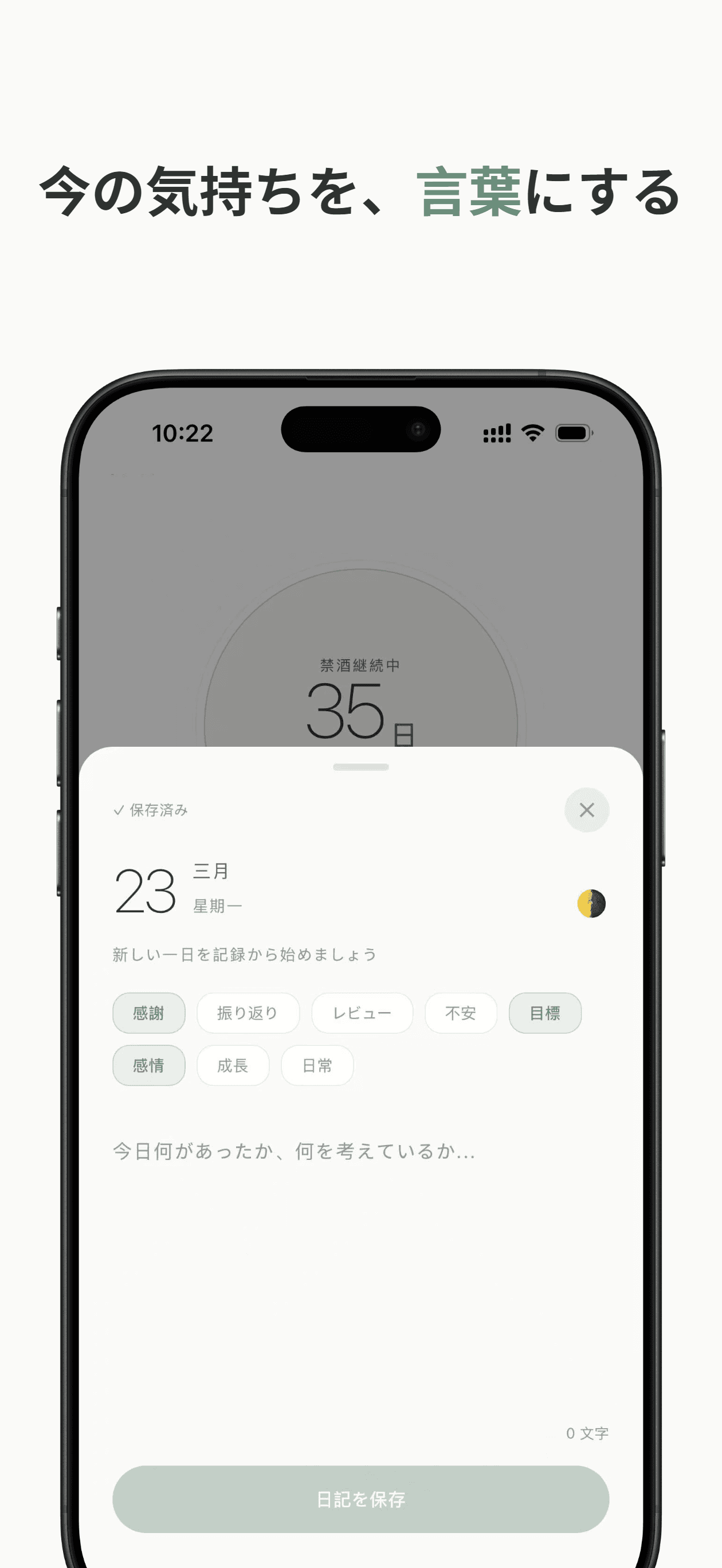 日記入力画面 - タグとクラウド同期インジケーター